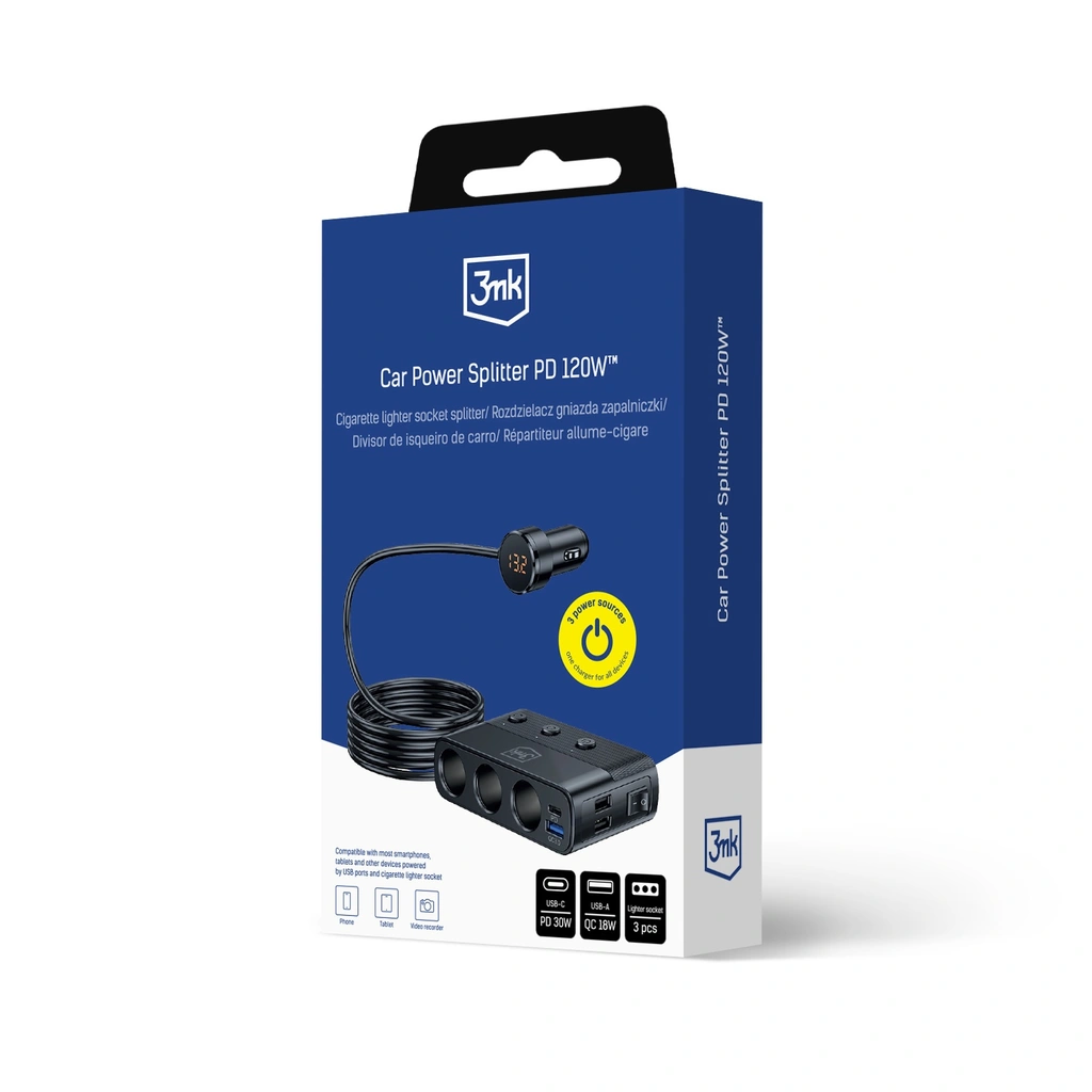 3mk Car Power Splitter 120W PD QC PPS USB 3A1C3Socket Black - LeszkoMotoTV
