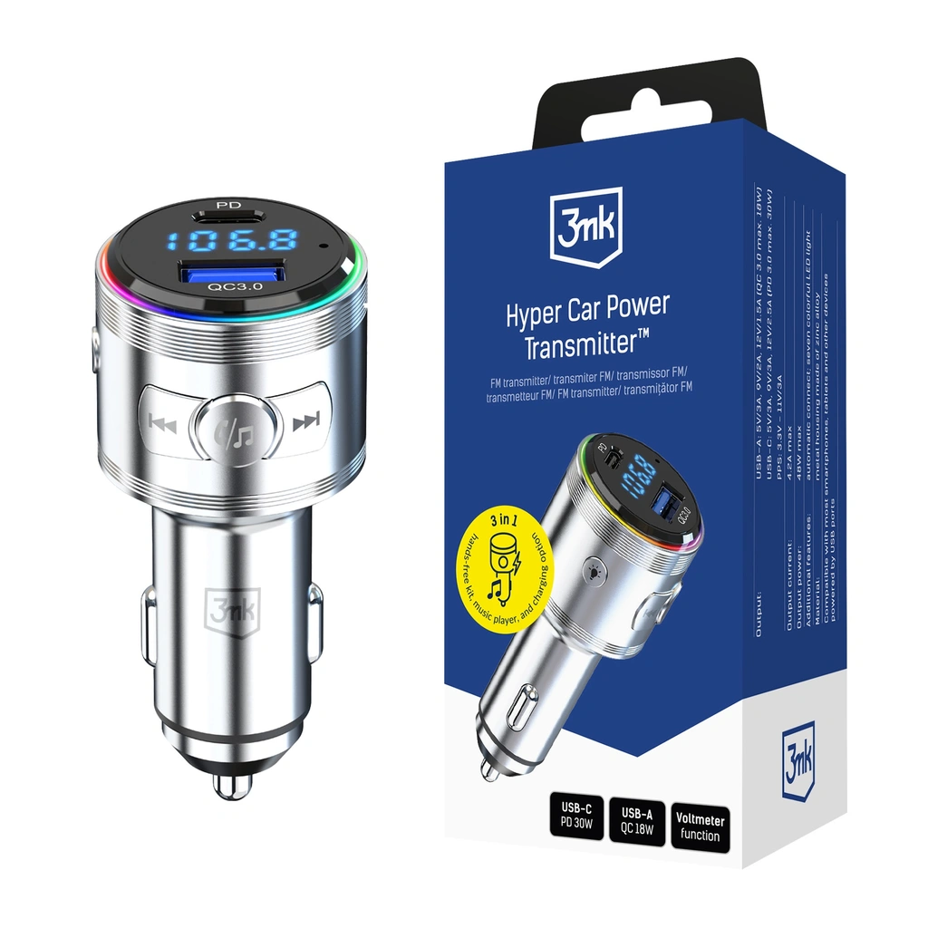 3mk Hyper Car Power Transmitter 48W QC PD PPS USB 1C1A Silver - LeszkoMotoTV