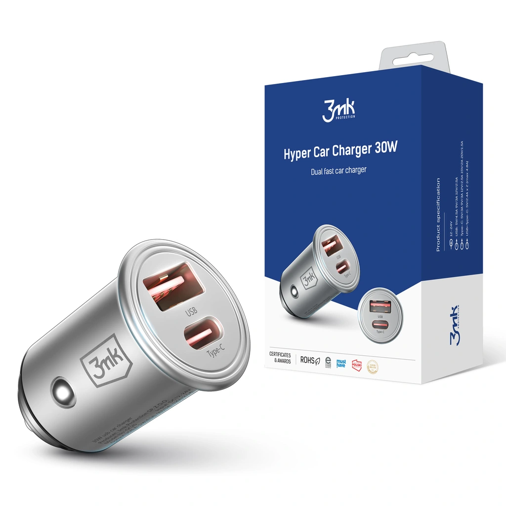Accessories - 3mk Hyper Car Charger 30W PD QC PPS USB 1A1C Silver - LeszkoMotoTV