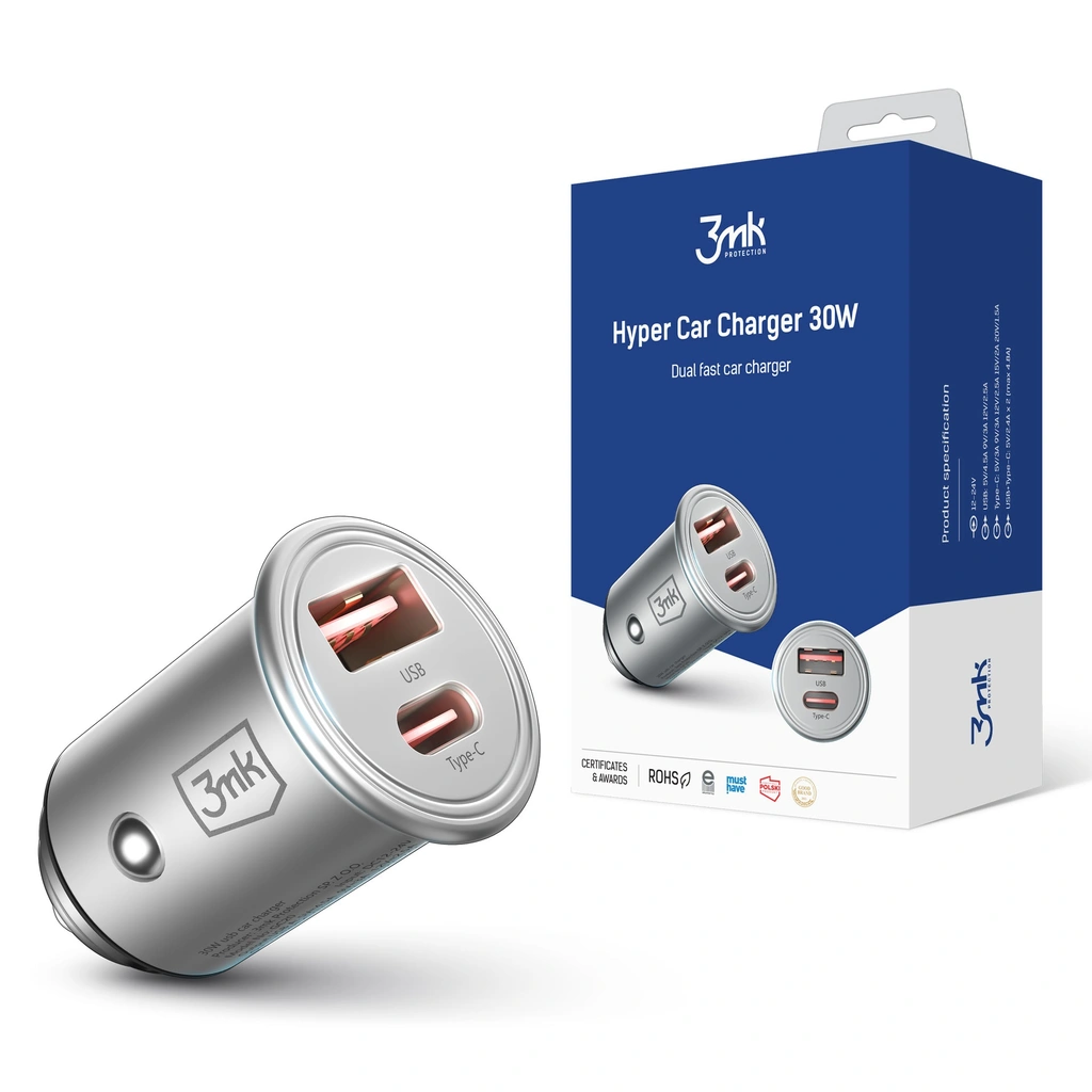 Accessories - 3mk Hyper Car Charger 30W PD QC PPS USB 1A1C Silver - LeszkoMotoTV
