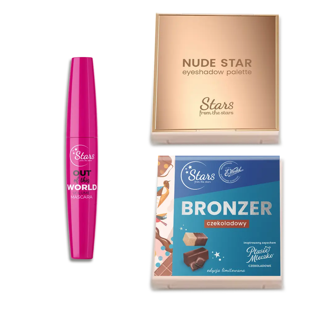 Zestaw STARS from the stars: Tusz do rzęs zwiększający objętość Out Of This World, 10g + NUDE STAR Paleta 9 cieni, 8g + WEDEL Bronzer Czekoladowy, 8g - Mateusz Mac