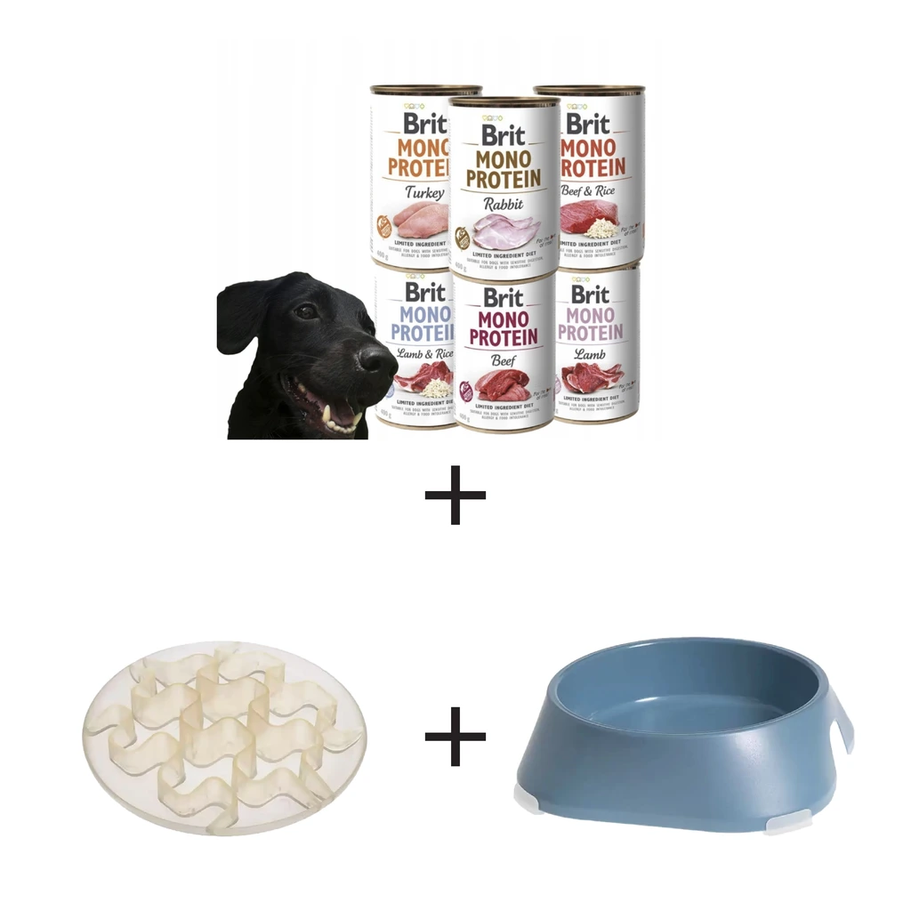 Zestaw dla psa - spowalniacz jedzenia, mata L, miska L, mokra karma Brit MONO PROTEIN MIX 6 smaków 12x400g na alergie dla psa - Paula Ślęzak