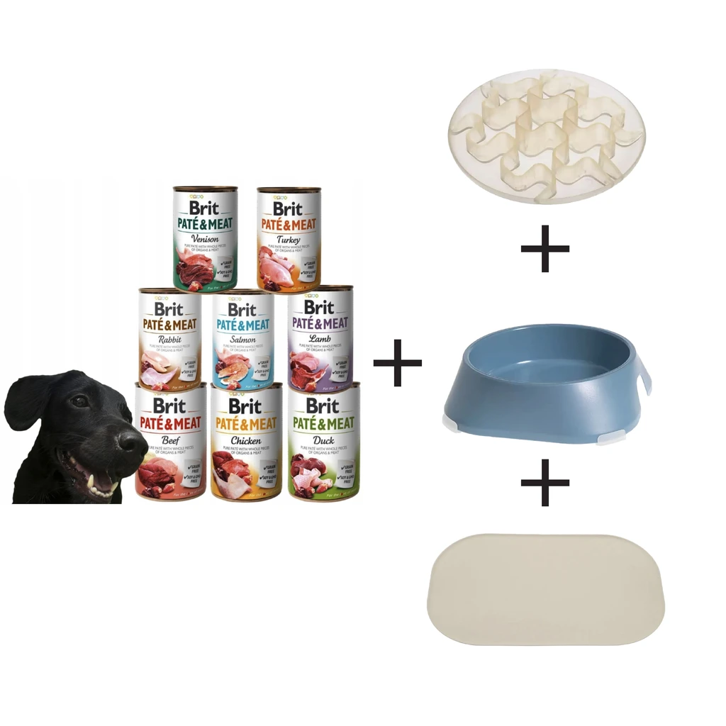Zestaw dla psa - spowalniacz jedzenia, mata pod miski 47×30 cm, miska L, Brit Pate & Meat MIX 8 SMAKÓW 400g x8 mokra karma dla psa bezzbożowa mięsna - Paula Ślęzak